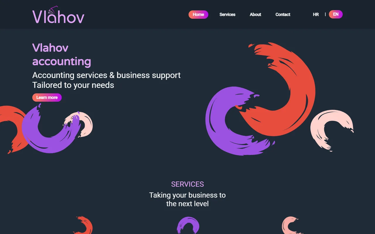 Vlahov računovodstvo: Dvojezična web stranica računovodstvenog ureda koji nudi računovodstvene usluge i poslovnu podršku.